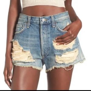 AGOLDE DISTRESS JEAN SHORTS, HIGH WAIST